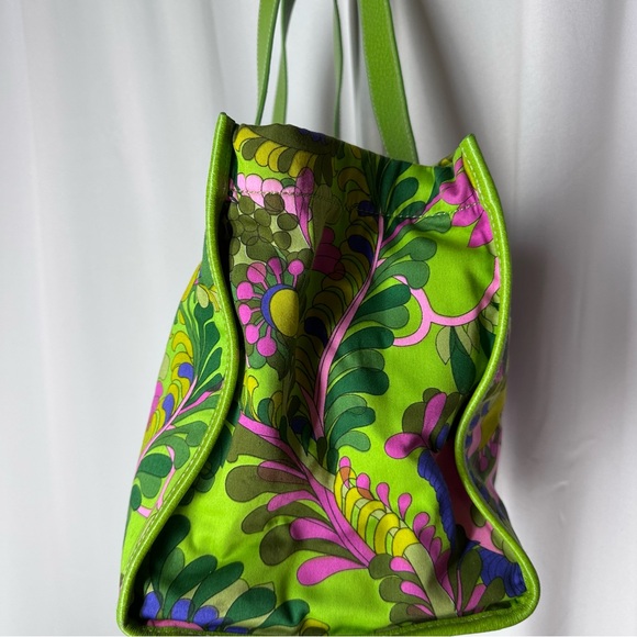 Rare Kate Spade Icon Green Floral Print Zip-Top Tote Bag Canvas Leather Handles - Picture 3 of 15